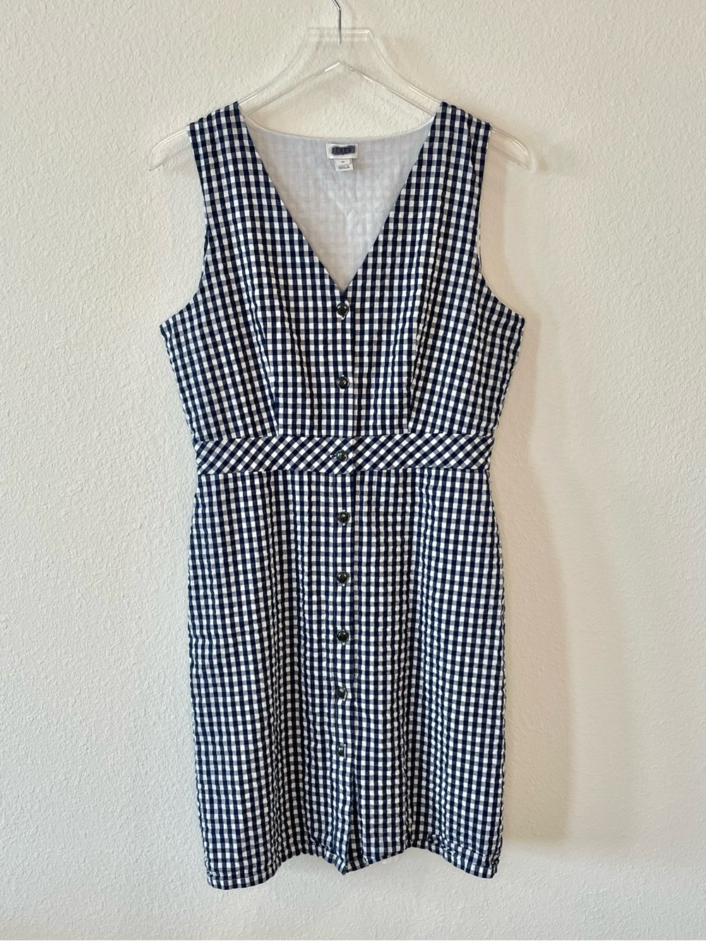 J. Crew Navy Blue and White Gingham Plaid V-neck Button Sleeveless Dress - 10
